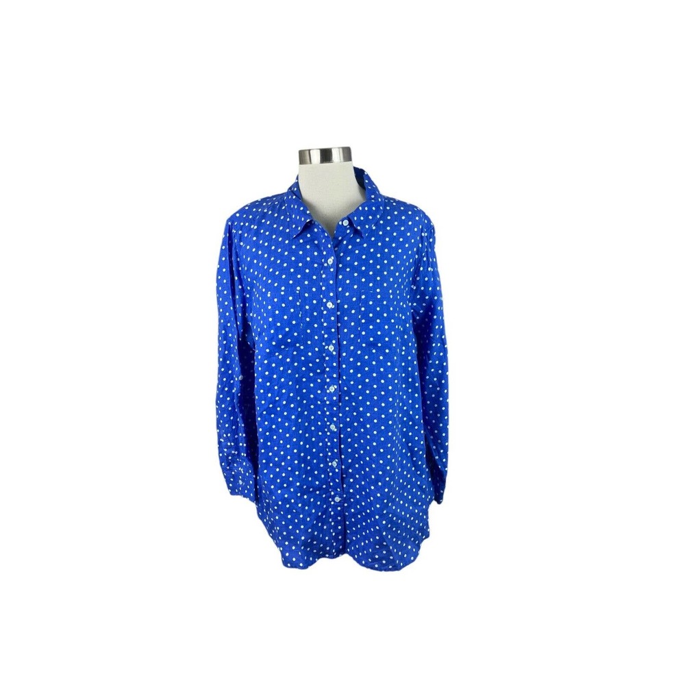 Talbots Blue White Polka Dot 100% Linen Button Front Shirt Size 2XP